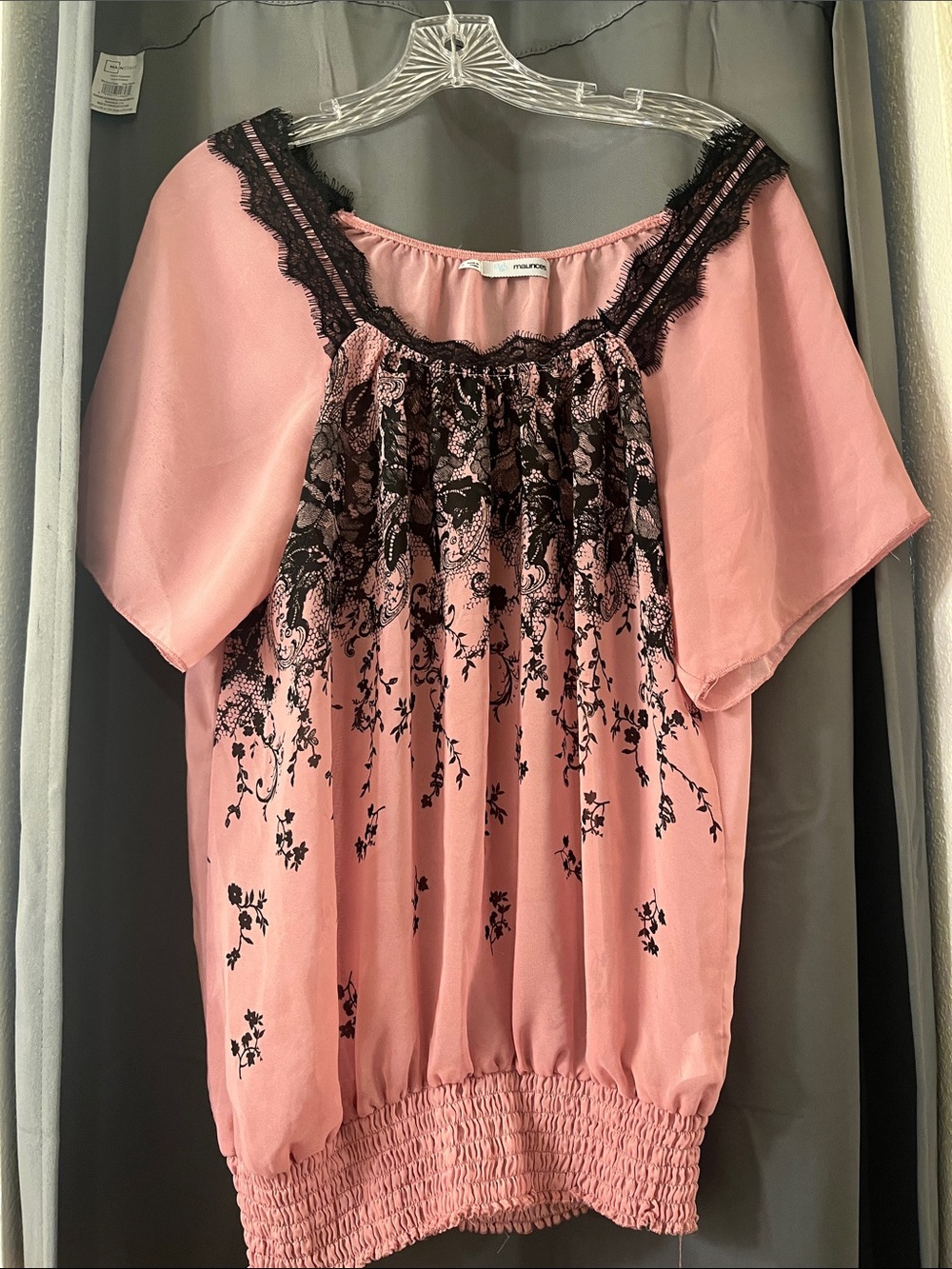 Maurices Pink Blouse with Black Lace & Floral Print